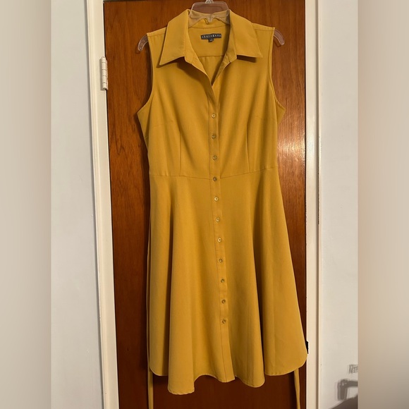 Sharagano Yellow Gold Sleeveless Midi Dress Notched Collar - Picture 4 of 5